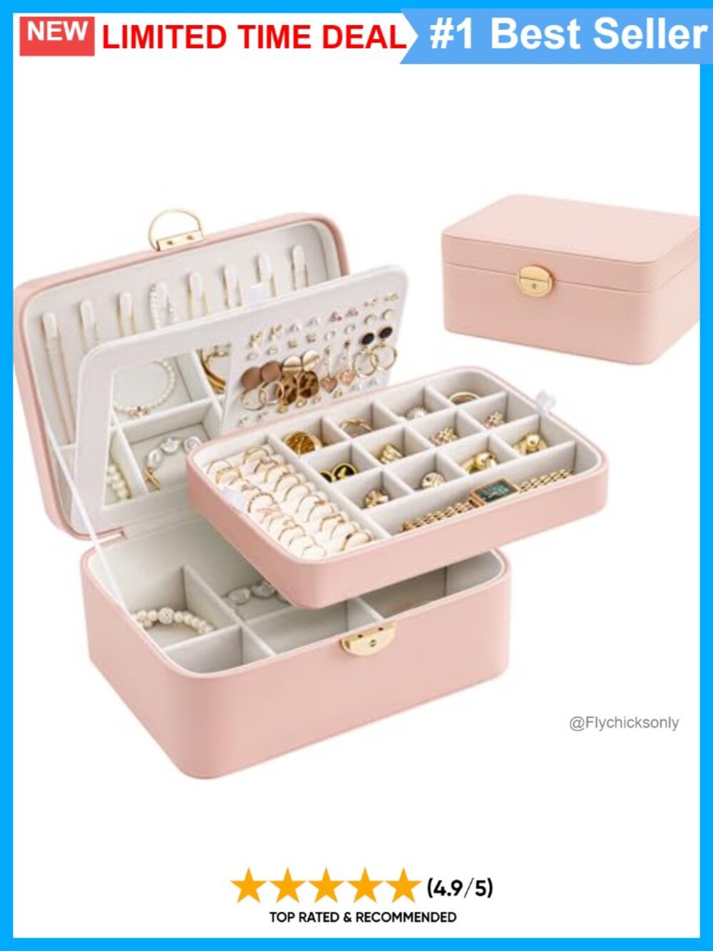 PU Leather Jewelry Box 2-Layer Mirror Key Lock Gift for Women